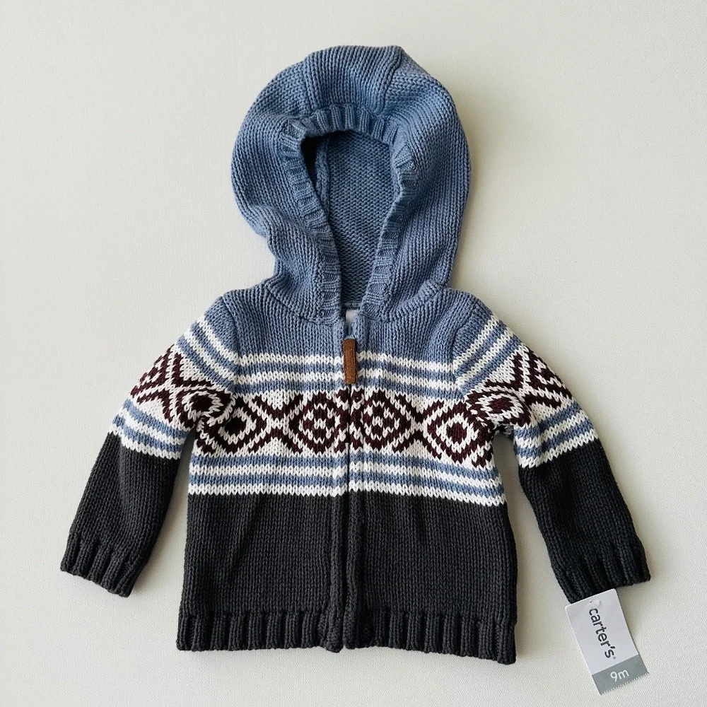 Carter’s 9 Months Baby Boy Knit Hooded Zip Cardigan Sweater Fair Isle NWT